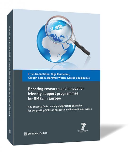 Book cover of 'Boosting research and innovation friendly support programmes for SMEs in Europe' by Effie Amanatidou, Olga Munteanu, Kerstin Seidel, Hartmut Welck, Kostas Bougiouklis, featuring a magnifying glass focusing on the globe.