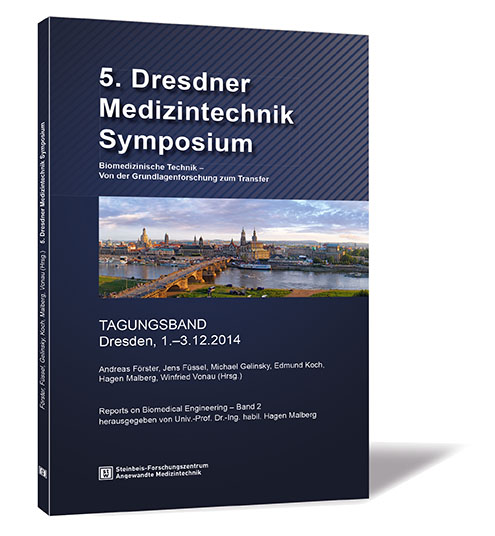 Buchcover von '5. Dresdner Medizintechnik Symposium – Biomedizinische Technik – Von der Grundlagenforschung zum Transfer', mit nächtlicher Panoramaaufnahme von Dresden auf dunkelblauem Hintergrund.