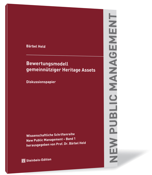 Buchcover von 'Bewertungsmodell gemeinnütziger Heritage Assets' von Bärbel Held, mit rotem Hintergrund und grauem Streifen rechts.