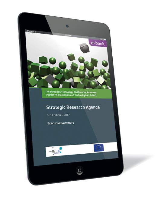 Buchcover von 'EuMaT Strategic Research Agenda 2017 (E-Book)' von The European Technology Platform for Advanced Engineering Materials and Technologies – EuMaT, mit einer grafischen Darstellung grüner und grauer Würfel auf dunklem Hintergrund.