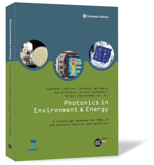 Book cover of 'Photonics in Environment & Energy' by Jonathan Loeffler, Anthony Salingre, David Vitale, Witold Lojkowski, Sergey Yatsunenko et al., with a green and blue background and three images in the middle.