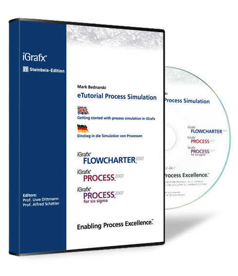 „Buchcover von 'eTutorial Process Simulation' von Mark Bednarski, Uwe Dittmann und Alfred Schätter, mit weißem Hintergrund und blauen Streifen auf der linken Seite