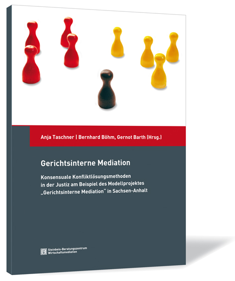 Buchcover von 'Gerichtsinterne Mediation' von Anja Taschner, Bernhard Böhm, Gernot Barth, mit kleinen, in verschiedenen Farben gehaltenen Mensch-ärgere-dich-nicht-Figuren.