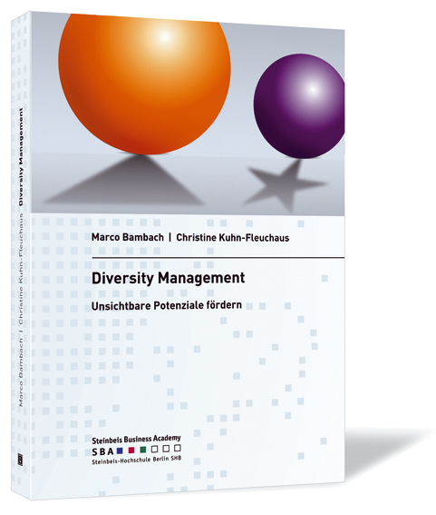 Buchcover von 'Diversity Management' von Marco Bambach, Christine Kuhn-Fleuchhaus, mit einer orangenen Kugel mit Pyramiden-Schatten und einer lilafarbenen Kugel mit Sternen-Schatten.