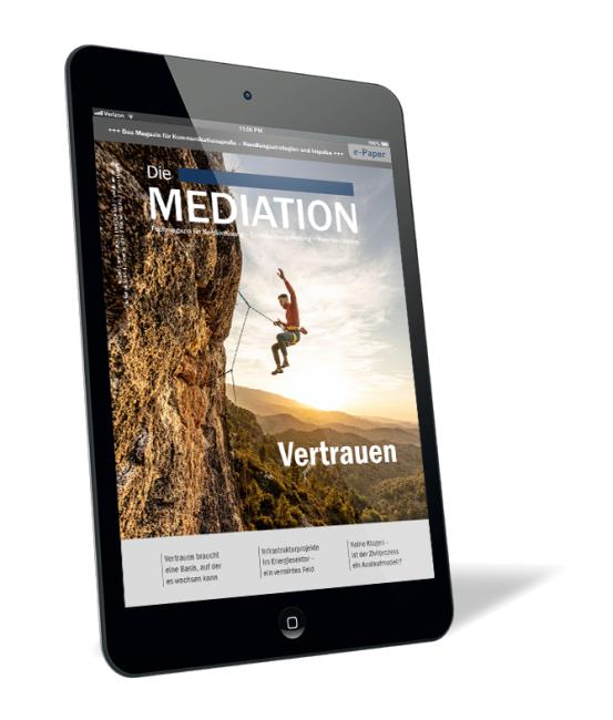 Buchcover der Zeitschrift 'Die Mediation (Ausgabe 2023/03) (E-Paper)' von Gernot Barth, mit einer Kletterin an einer Felswand vor abendlichem Himmel und dem Titel "Vertrauen".