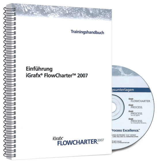 Buchcover von 'Einführung iGrafx FlowCharter 2007' von iGrafx Corel GmbH, mit weißem Hintergrund und einer CD, die rechts hervorschaut
