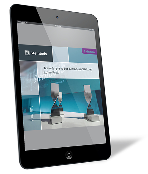 Buchcover von 'Löhn Award – Award Winners 2004–2015 (E-Book)' von Steinbeis-Stiftung, mit zwei stilisierten Trophäen auf einem Tablet-Display.