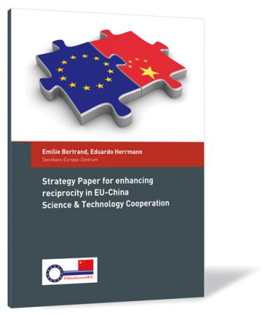 Book cover of 'Strategy Paper for enhancing reciprocity in EU-China Science & Technology Cooperation' by Emilie Bertrand and Eduardo Herrmann, featuring two interlocking puzzle pieces with the EU and China flags on a dark background.
