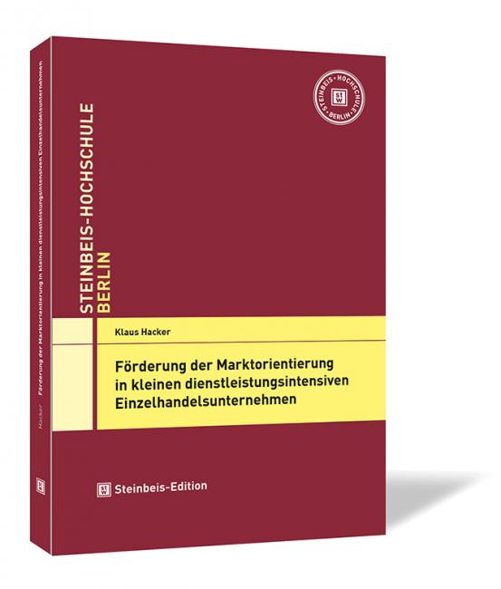Buchcover von 'Förderung der Marktorientierung in kleinen dienstleistungsintensiven Einzelhandelsunternehmen' von Klaus Hacker, mit rotem Hintergrund und gelben Akzenten.