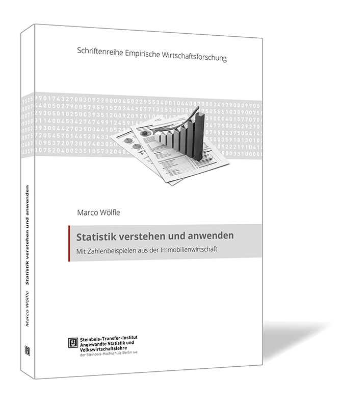 Buchcover von 'Statistik verstehen und anwenden' von Marco Wölfle, mit einer Illustration von Diagrammen und Zahlenreihen in Schwarz-Weiß auf weißem Hintergrund.