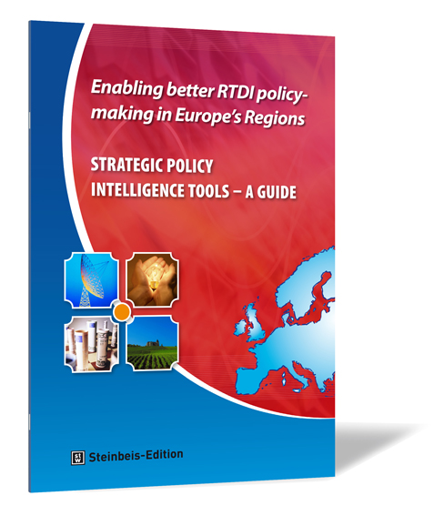 Buchcover von 'Strategic Policy Intelligence Tools – A Guide' von Günter Clar, Helena Acheson, Sabine Hafner-Zimmermann, Björn Sautter, Magdalena Buczek und Jaqueline Allan, mit rotem und blauem Hintergrund, vier Bildern und einer hellblauen Europakarte.
