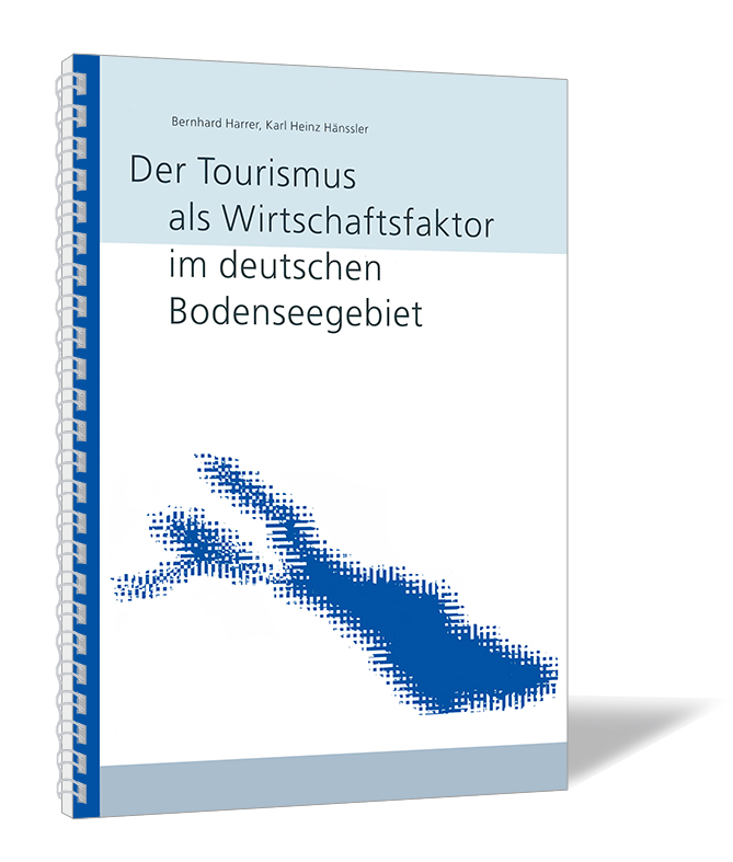 Buchcover von 'Der Tourismus als Wirtschaftsfaktor im deutschen Bodenseegebeit' von Bernhard Harrer und Karl Heinz Hänssler, mit stilisierter blauer Karte des Bodensees auf weißem Hintergrund und Spiralbindung.