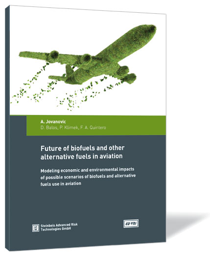 Book cover of 'Future of biofuels and other alternative fuels in aviation' by Aleksandar Jovanovic, Delija Balos, Peter Klimek, and Flor Angela Quintero Chamorro, featuring an airplane flying over a field.
