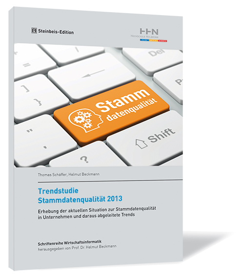 Buchcover von 'Trendstudie Stammdatenqualität 2013' von Thomas Schäffer, Helmut Beckmann, mit einer Tastatur und einer orangenen 'Stammdatenqualität'-Taste.