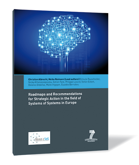Book cover of 'Roadmaps and Recommendations for Strategic Action in the field of Systems of Systems in Europe' by Christian Albrecht and Meike Reimann, featuring a glowing, circuit-like brain graphic on a dark blue background.