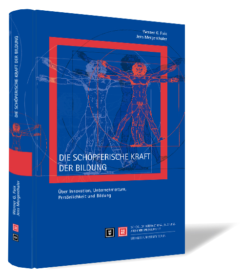 Buchcover von 'Die schöpferische Kraft der Bildung' von Werner G. Faix und Jens Mergenthaler, mit blauem Hintergrund und Da Vincis Vitruvianischem Menschen als zentrale Darstellung.