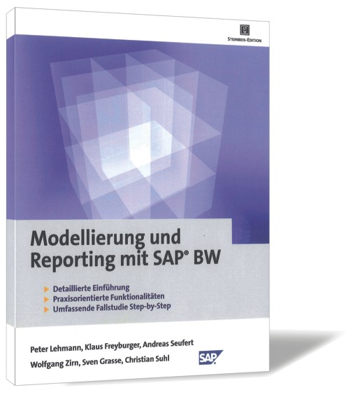 Buchcover von 'Modellierung und Reporting mit SAP® BW' von Peter Lehmann, Klaus Freyburger, Andreas Seufert, Wolfgang Zirn, Sven Grasse und Christian Suhl, mit weißen, durchsichtigen Vierecken, die zu einem großen Würfel werden.