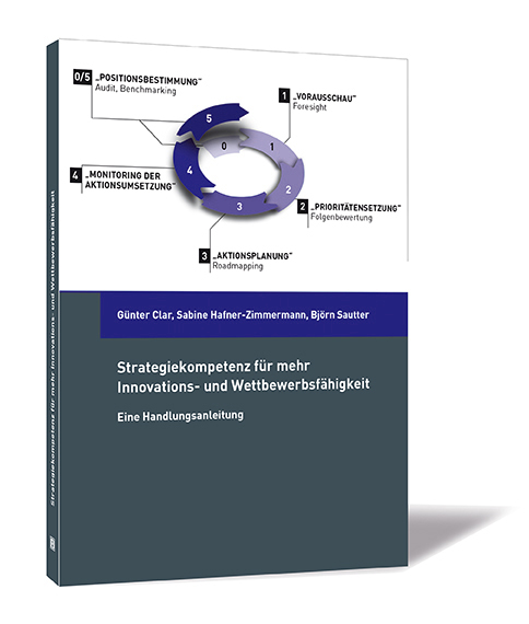 Buchcover von 'Strategiekompetenz für mehr Innovations- und Wettbewerbsfähigkeit' von Günter Clar, Sabine Hafner-Zimmermann und Björn Sautter, dargestellt auf einem Tablet mit einem violett-blauen Prozessdiagramm und dunklem Hintergrund.
