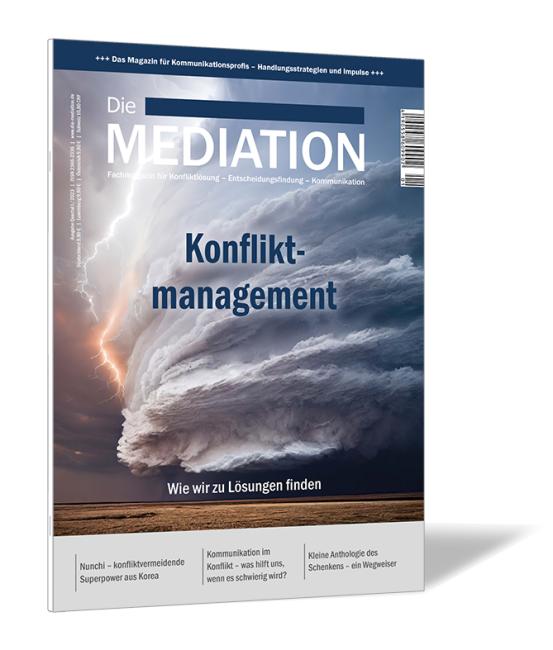 Buchcover der Zeitschrift 'Die Mediation (Ausgabe 2023/01)' von Gernot Barth, mit einem dramatischen Bild eines Sturms und dem Titel „Konfliktmanagement“ in blauen Lettern.