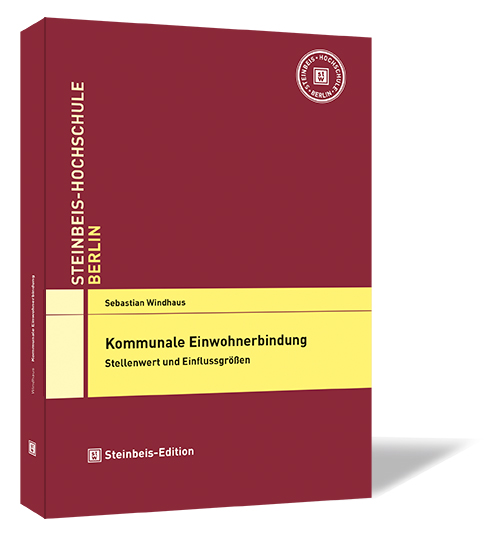 Buchcover von 'Kommunale Einwohnerbindung – Stellenwert und Einflussgrößen' von Sebastian Windhaus, in Dunkelrot mit gelbem Textfeld und dem Logo der Steinbeis-Hochschule Berlin.