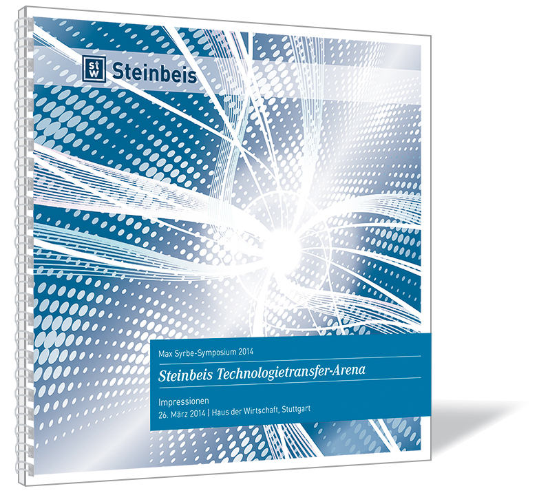 Buchcover von 'Steinbeis Technologietransfer-Arena 2014' von der Steinbeis-Stiftung (Hrsg.), mit abstraktem blauen Design und Lichtstrahlen.