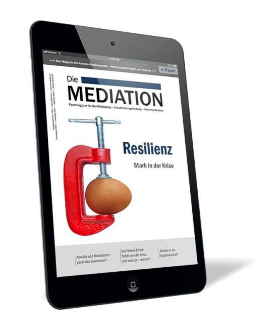 Buchcover der Zeitschrift 'Die Mediation (Ausgabe 2021/04) (E-Paper)' von Gernot Barth, mit einer Walnuss in einer roten Schraubzwinge auf weißem Hintergrund auf einem Tabletbildschirm.