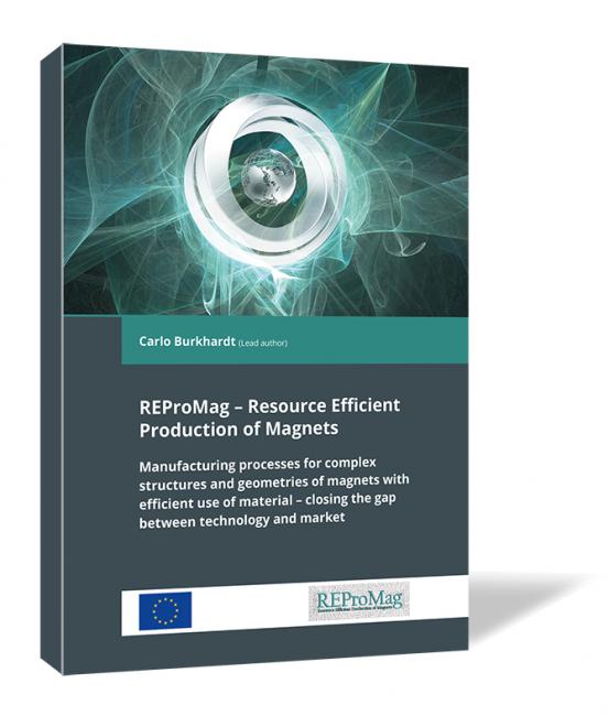 Book cover of 'REProMag – Resource Efficient Production of Magnets' by Carlo Burkhardt, showing a stylized image of a metallic ring in a dynamic green-blue energy field.