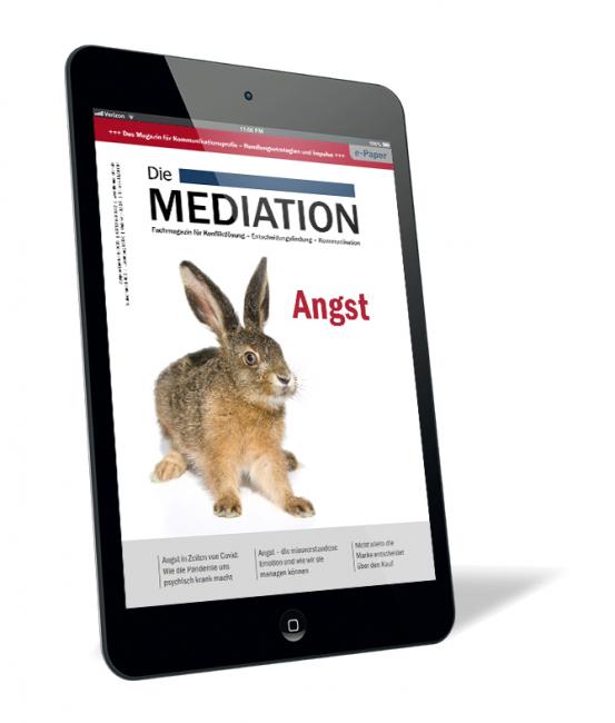 Buchcover der Zeitschrift 'Die Mediation (Ausgabe 2022/02) (E-Paper)' von Gernot Barth, mit einem Hasen auf einem roten Cover und dem Titel 'Angst'.