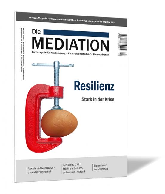 Buchcover von 'Die Mediation (Ausgabe 2021/04)' von Gernot Barth, mit einer stilisierten Schraubzwinge, die eine braune Kugel (Symbol für Druck) zusammendrückt, auf weißem Hintergrund.