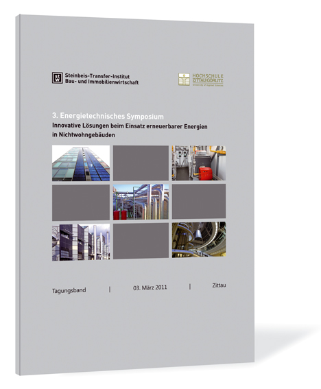 Buchcover von '3. Energietechnisches Symposium' von Steinbeis-Transfer-Institut Bau- und Immobilienwirtschaft (Hrsg.), mit grauem Hintergrund und einem 3x3 Feld, wobei an den Ecken und in der Mitte jeweils ein Bild ist.