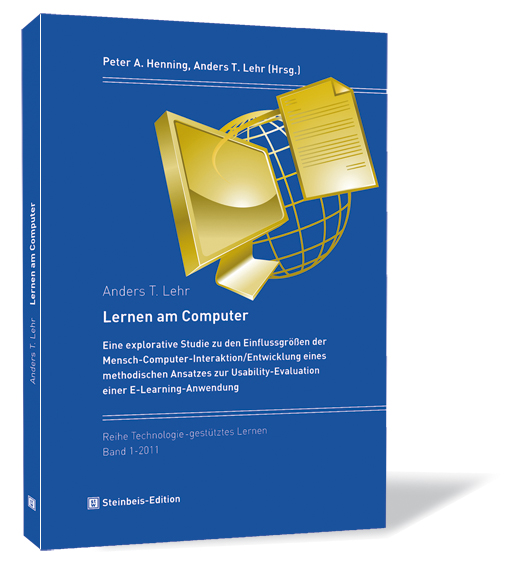 Buchcover von 'Lernen am Computer' von Anders T. Lehr mit einem goldenen Dokument vor einer Weltkugel, das in einen blauen Computerbildschirm geht.