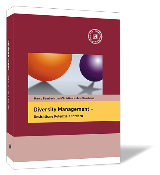 Buchcover von 'Diversity Management' mit rotem Hintergrund, einer orangenen Kugel mit Pyramiden-Schatten und einer lilafarbenen Kugel mit Sternen-Schatten.