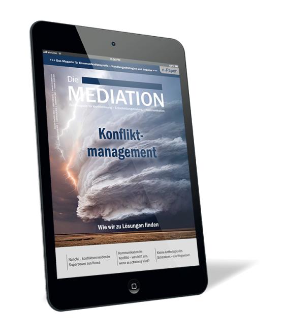 Buchcover der Zeitschrift 'Die Mediation (Ausgabe 2023/01) (E-Paper)' von Gernot Barth, auf einem Tabletbildschirm mit einem Bild eines Sturms und dem Titel „Konfliktmanagement“.