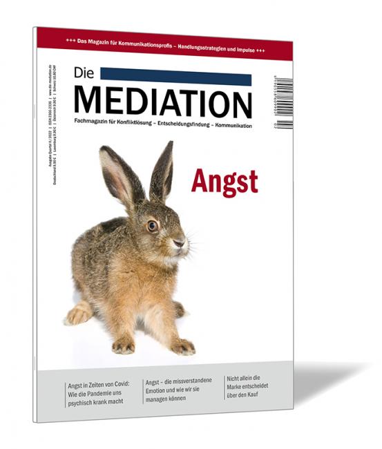 Buchcover der Zeitschrift 'Die Mediation (Ausgabe 2022/02)' von Gernot Barth, mit einem Hasen auf einem roten Cover und dem Titel 'Angst'.