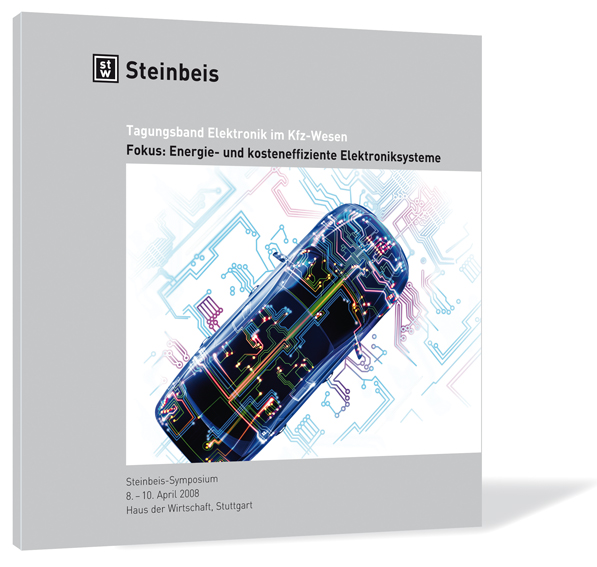 Buchcover von 'Elektronik im Kfz-Wesen 2008' von Steinbeis-Stiftung (Hrsg.), mit der Darstellung eines Autos von oben, bei dem einzelne Systeme visualisiert werden.