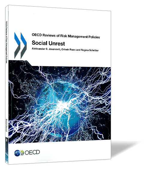 Book cover of 'Social Unrest' by OECD Publishing (Eds.), featuring lightning strikes hitting the globe.