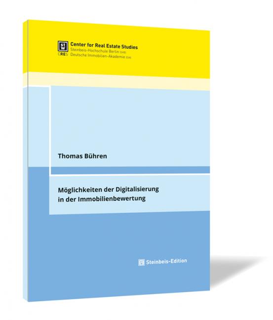 Buchcover von 'Möglichkeiten der Digitalisierung in der Immobilienbewertung' von Thomas Bühren, mit einem schlichten Design in Hellblau, Dunkelblau und Gelb sowie einem weißen Mittelstreifen mit Titel und Autor.