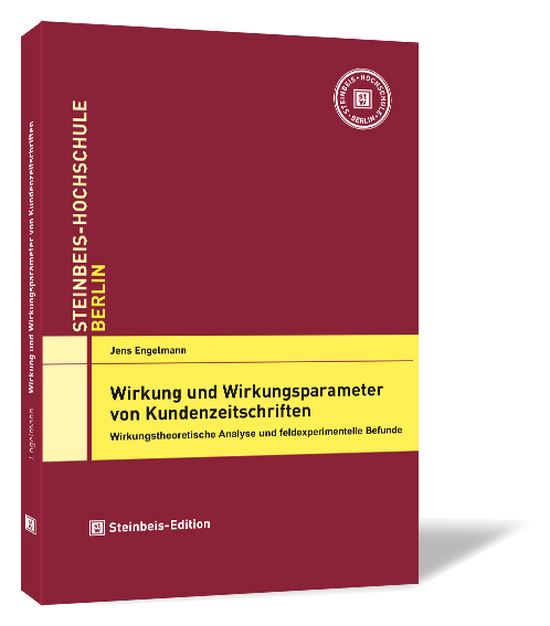 Buchcover von 'Wirkung und Wirkungsparameter von Kundenzeitschriften' von Jens Engelmann, mit rotem Hintergrund, gelben Akzenten und dem Logo der Steinbeis Hochschule oben rechts.