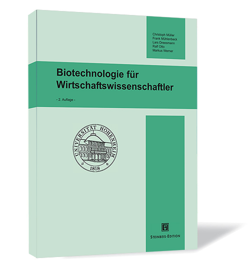 Buchcover von 'Biotechnologie für Wirtschaftswissenschaftler' mit dem Logo der Universität Hohenheim auf hellgrünem Hintergrund und zwei dunkelgrünen Streifen