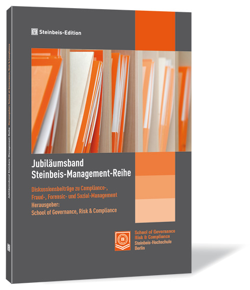 Buchcover von 'Jubiläumsband Steinbeis-Management-Reihe' von School of Governance, Risk & Compliance, mit Ordner in einem Regal.