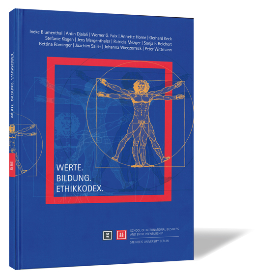 Buchcover von 'Werte. Bildung. Ethikkodex.' von Ineke Blumenthal, Ardin Djalali, Werner G. Faix et al., mit blauem Hintergrund und Da Vincis Vitruvianischem Menschen als zentrale Darstellung.