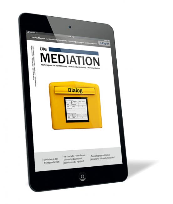 Buchcover der Zeitschrift 'Die Mediation (Ausgabe 2022/01) (E-Paper)' von Gernot Barth, mit einem gelben Briefkasten auf weißem Hintergrund und dem Wort "Dialog" darüber auf einem Tabletbildschirm.