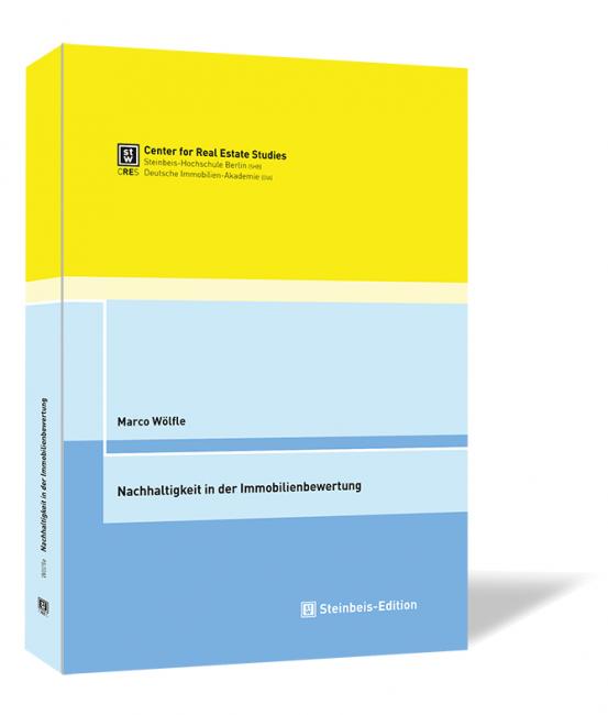 Buchcover von 'Nachhaltigkeit in der Immobilienbewertung' von Marco Wölfle, mit schlichtem Design in Gelb und Blau.