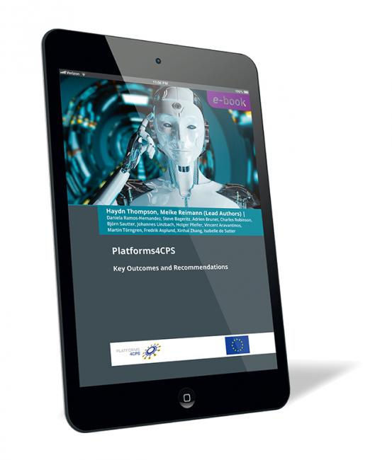 Book cover of 'Platforms4CPS (E-Book)' by Haydn Thompson and Meike Reimann, shown on a tablet screen with a humanoid robot and futuristic background.