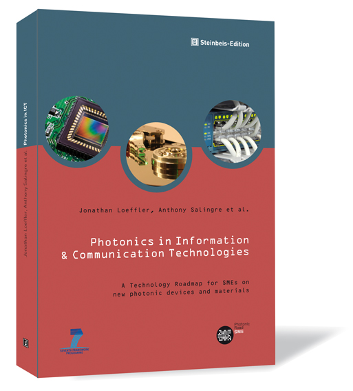 Book cover of 'Photonics in Information & Communication Technologies' by Jonathan Loeffler, Anthony Salingre et al., featuring a red and gray-blue design with three images in the center.