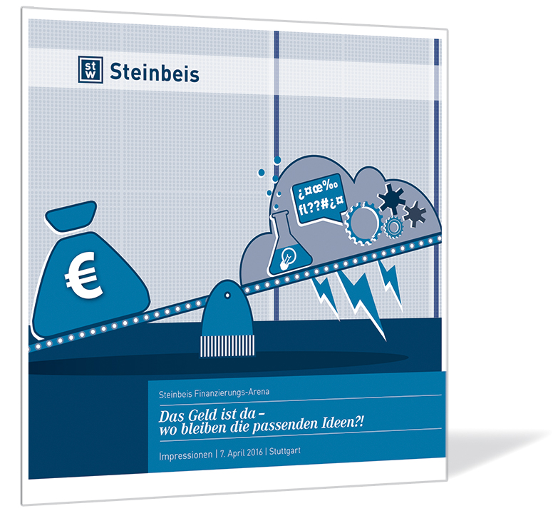 Buchcover von 'Steinbeis Finanzierungs-Arena 2016' von Steinbeis-Stiftung, mit einer stilisierten Förderband-Grafik, Geldsack und Zahnrädern in Blautönen.