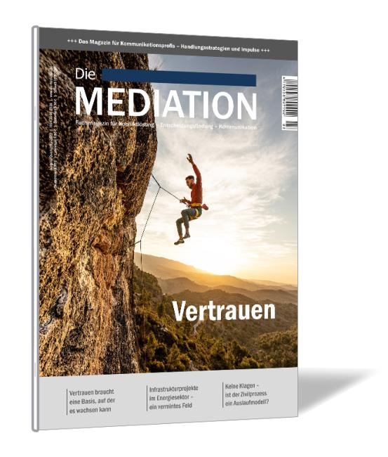 Buchcover der Zeitschrift 'Die Mediation (Ausgabe 2023/03)' von Gernot Barth, mit einer Kletterin an einer Felswand in der Abendsonne und dem Titel "Vertrauen".