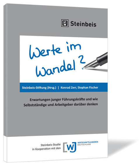 Buchcover von 'Werte im Wandel?' von Steinbeis-Stiftung (Hrsg.), Konrad Zerr, Stephan Fischer, mit grauem Hintergrund und einem Stift, der den Titel schreibt.