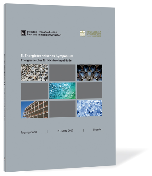 "Buchcover von '5. Energietechnisches Symposium' von Steinbeis-Transfer-Institut Bau- und Immobilienwirtschaft, mit grauem Hintergrund und einem 3x3-Feld, in dem an den Ecken und in der Mitte jeweils ein Bild zu sehen ist. "