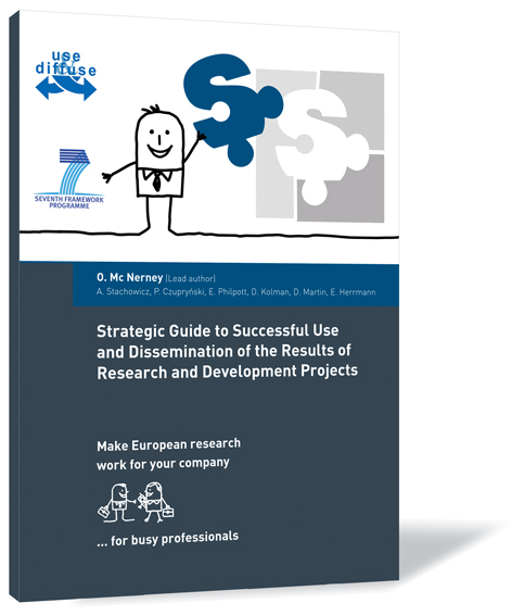Book cover of 'Strategic Guide to Successful Use and Dissemination of the Results of Research and Development Projects' by O. Mc Nerney (Lead author), with a stick figure holding a blue 'S' puzzle piece.